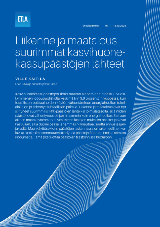 Liikenne ja maatalous suurimmat kasvihuonekaasupäästöjen lähteet - Etla-Erikoisartikkeli-15-Paastoennuste-Syksy-2025