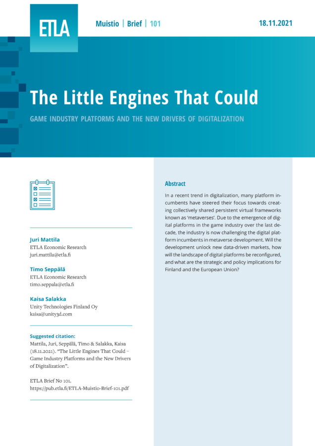 The Little Engines That Could – Game Industry Platforms and the New Drivers of Digitalization - ETLA-Muistio-Brief-101