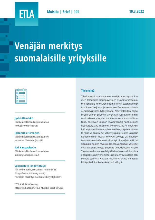 Venäjän merkitys suomalaisille yrityksille - ETLA-Muistio-Brief-105