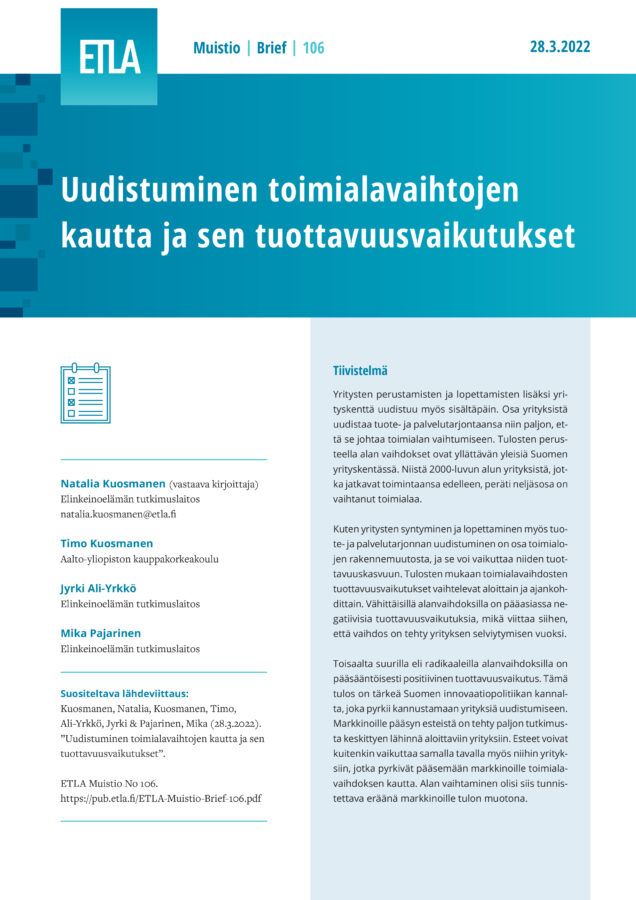 Renewal Through Industry Switching and Its Impacts on Productivity - ETLA-Muistio-Brief-106