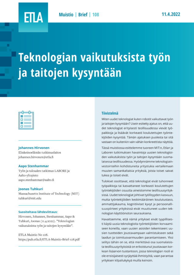 Teknologian vaikutuksista työn ja taitojen kysyntään - ETLA-Muistio-Brief-108