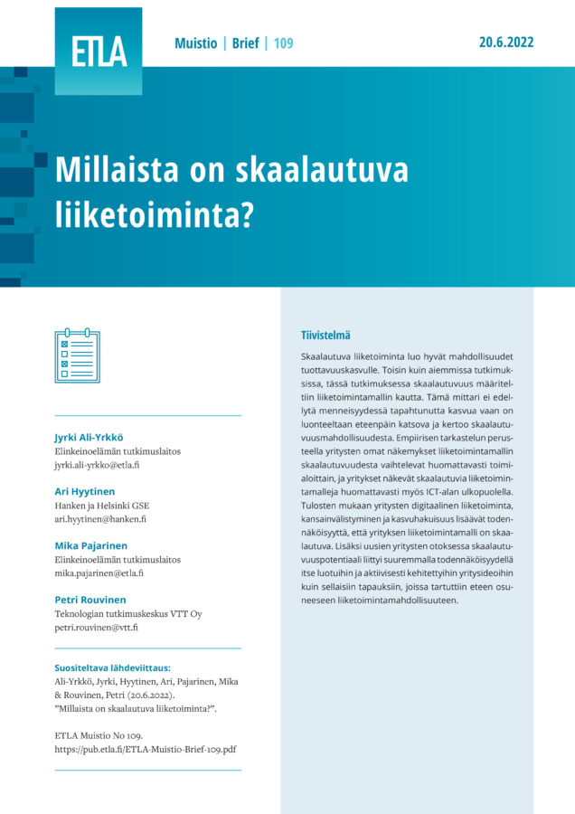 Millaista on skaalautuva liiketoiminta? - ETLA-Muistio-Brief-109