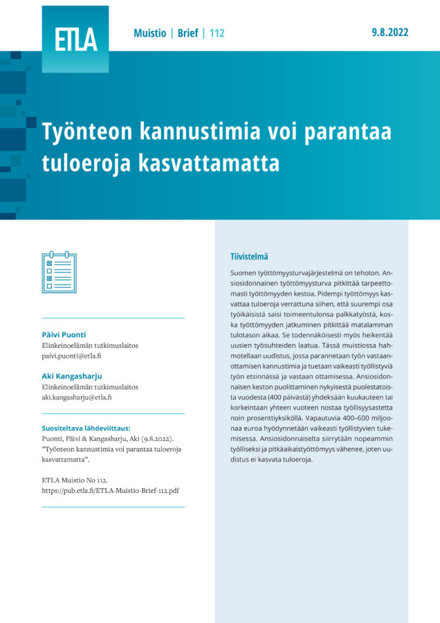 Työnteon kannustimia voi parantaa tuloeroja kasvattamatta - ETLA-Muistio-Brief-112