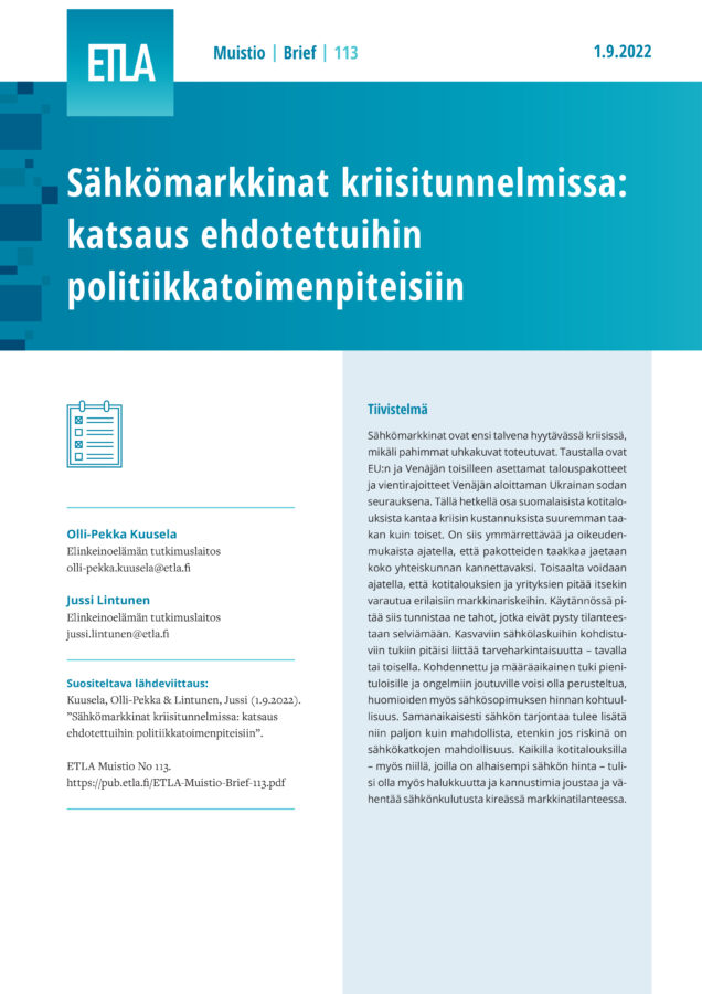 Electricity Markets in a State of Crisis: An Overview of the Suggested Policy Measures - ETLA-Muistio-Brief-113