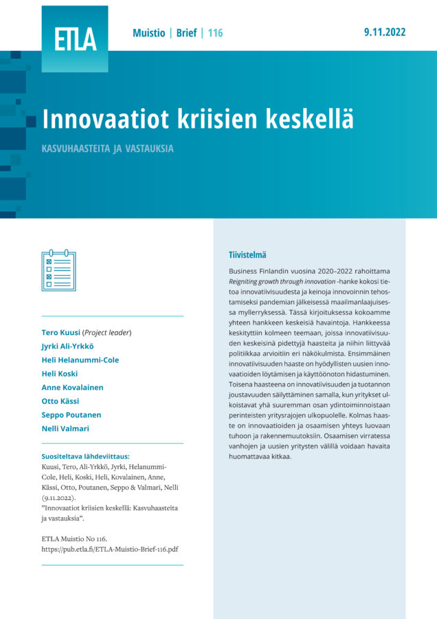 Innovaatiot kriisien keskellä: Kasvuhaasteita ja vastauksia - ETLA-Muistio-Brief-116