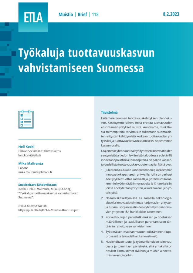Työkaluja tuottavuuskasvun vahvistamiseen Suomessa - ETLA-Muistio-Brief-118