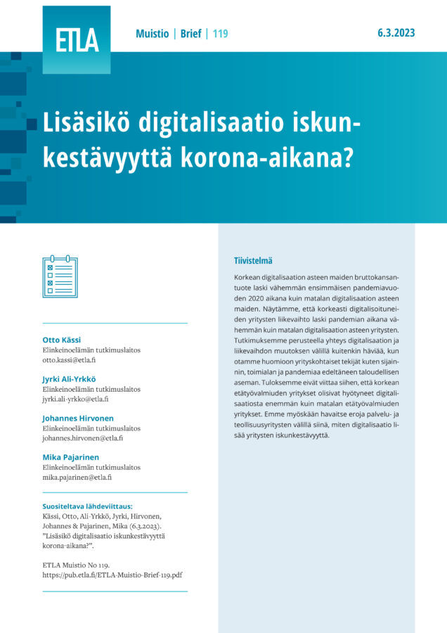 Lisäsikö digitalisaatio iskunkestävyyttä korona-aikana? - ETLA-Muistio-Brief-119