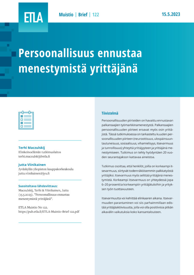 Persoonallisuus ennustaa menestymistä yrittäjänä - ETLA-Muistio-Brief-122