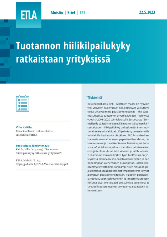 Tuotannon hiilikilpailukyky ratkaistaan yrityksissä - ETLA-Muistio-Brief-123