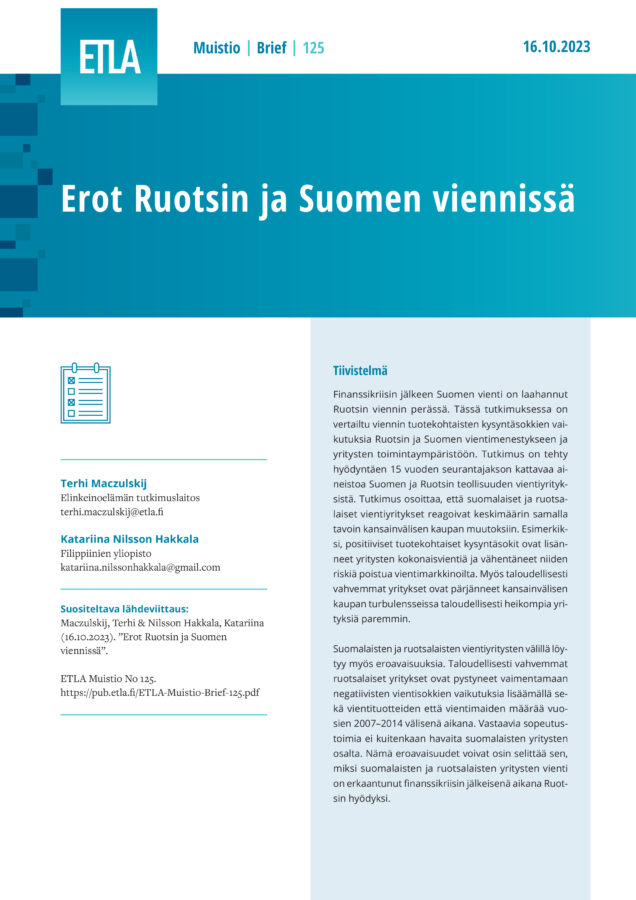 The Consequences of Export Demand Shocks in Swedish and Finnish Exporters - ETLA-Muistio-Brief-125
