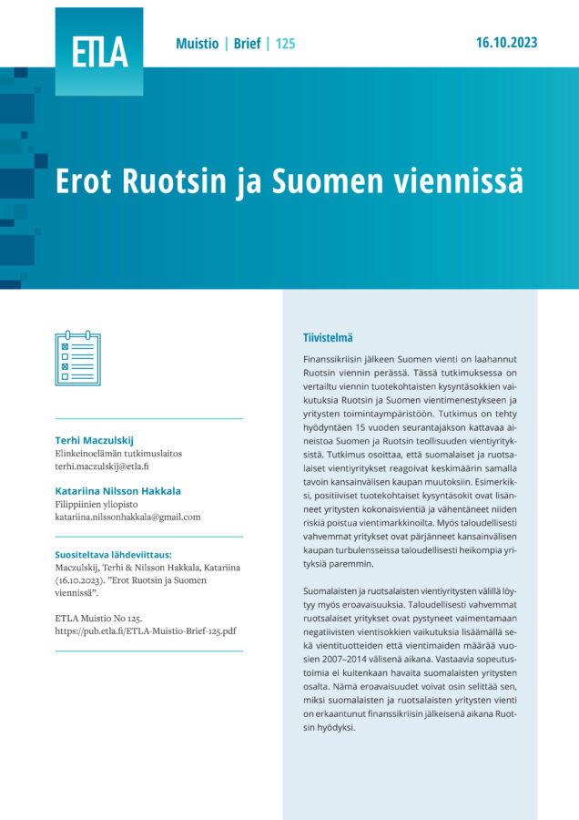 Erot Ruotsin ja Suomen viennissä - ETLA-Muistio-Brief-125