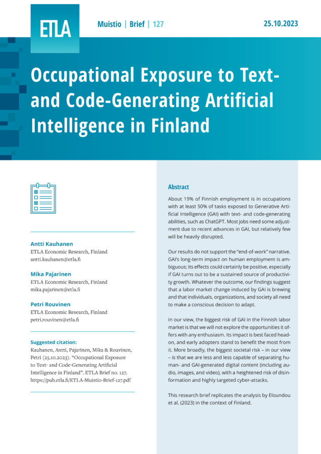 Occupational Exposure to Text- and Code-Generating Artificial Intelligence in Finland - ETLA-Muistio-Brief-127