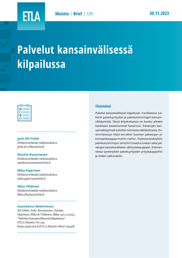 Palvelut kansainvälisessä kilpailussa - ETLA-Muistio-Brief-129