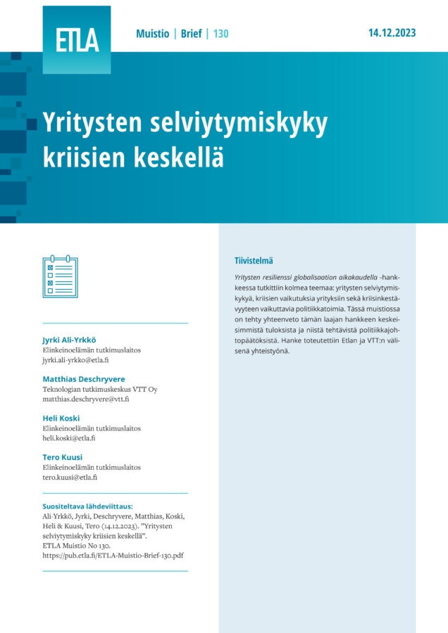 Yritysten selviytymiskyky kriisien keskellä - ETLA-Muistio-Brief-130