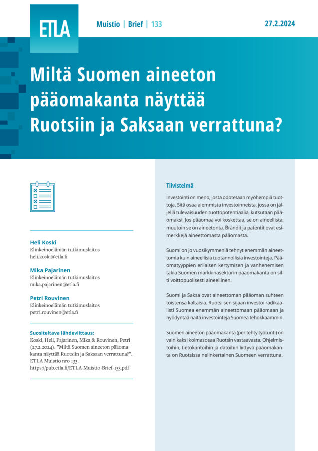 Miltä Suomen aineeton pääomakanta näyttää Ruotsiin ja Saksaan verrattuna? - ETLA-Muistio-Brief-133