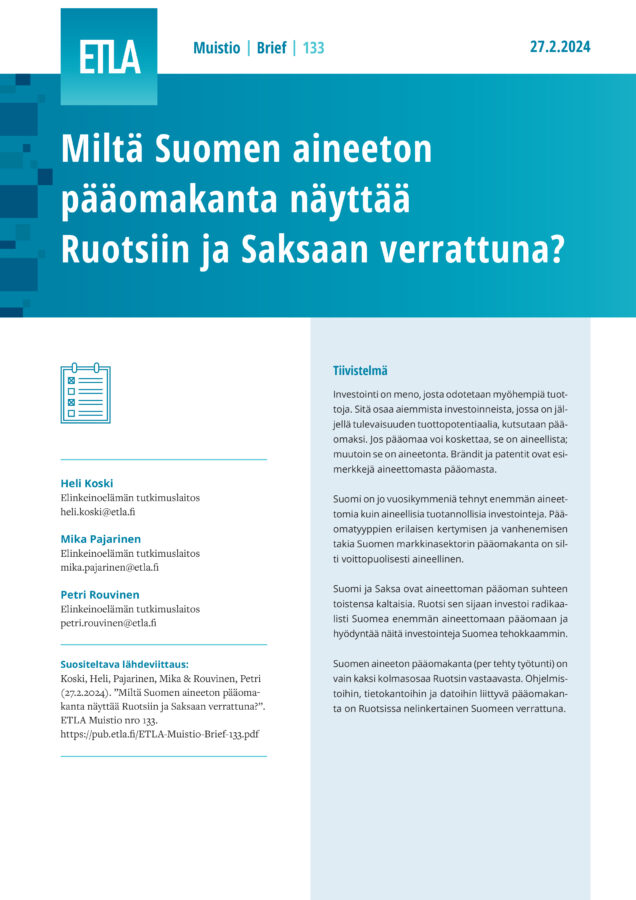 How Do Intangible Capital Stocks of Finland, Sweden, and Germany Compare? - ETLA-Muistio-Brief-133