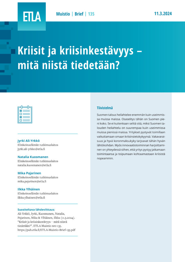 Kriisit ja kriisinkestävyys – mitä niistä tiedetään? - ETLA-Muistio-Brief-135