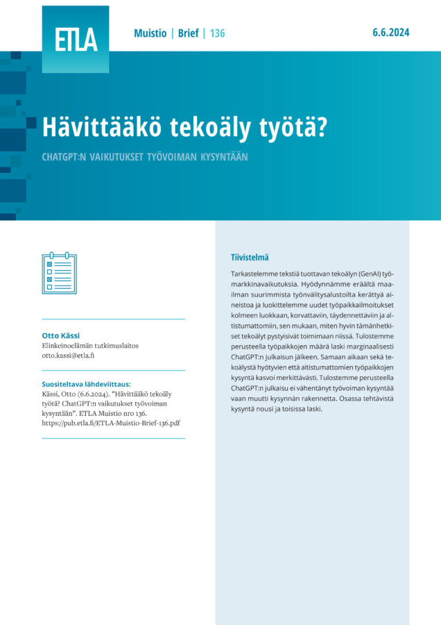 Hävittääkö tekoäly työtä? ChatGPT:n vaikutukset työvoiman kysyntään - ETLA-Muistio-Brief-136
