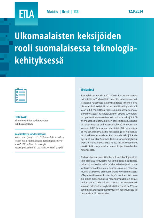 Ulkomaalaisten keksijöiden rooli suomalaisessa teknologiakehityksessä - ETLA-Muistio-Brief-138