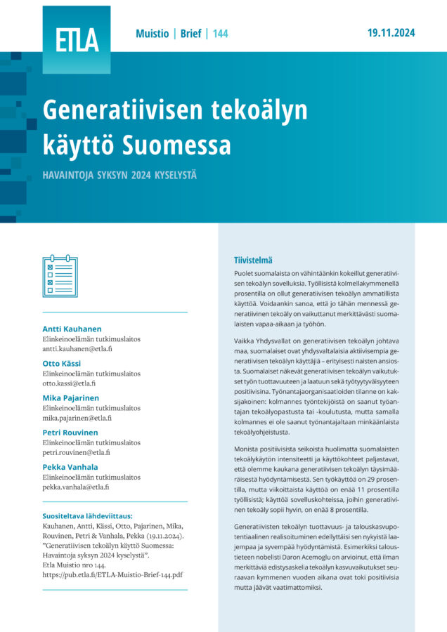 Generatiivisen tekoälyn käyttö Suomessa: Havaintoja syksyn 2024 kyselystä - ETLA-Muistio-Brief-144