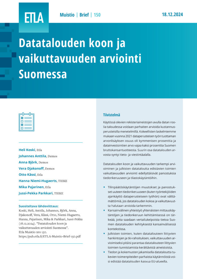 Datatalouden koon ja vaikuttavuuden arviointi Suomessa - ETLA-Muistio-Brief-150