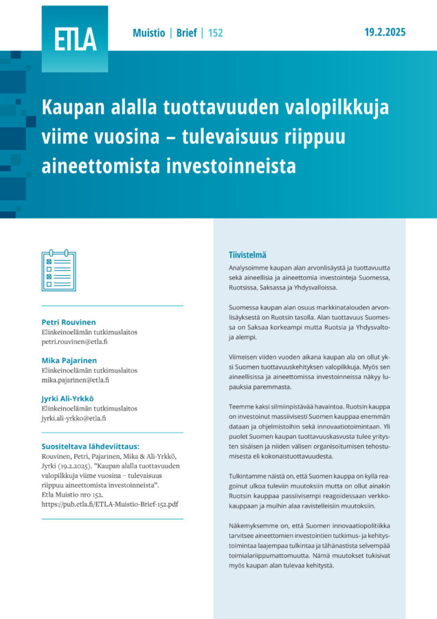 Finnish Trade Sector Shows Recent Productivity Gains – Future Success Hinges on Intangible Investments - ETLA-Muistio-Brief-152