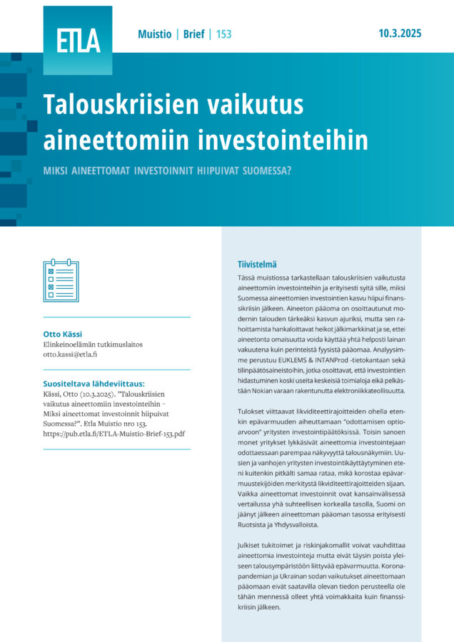 The Impact of Economic Crises on Intangible Investments: Why Did Intangible Investment Decline in Finland? - ETLA-Muistio-Brief-153
