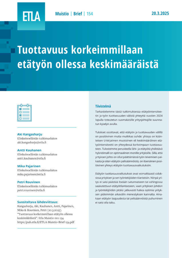 Tuottavuus korkeimmillaan etätyön ollessa keskimääräistä - ETLA-Muistio-Brief-154
