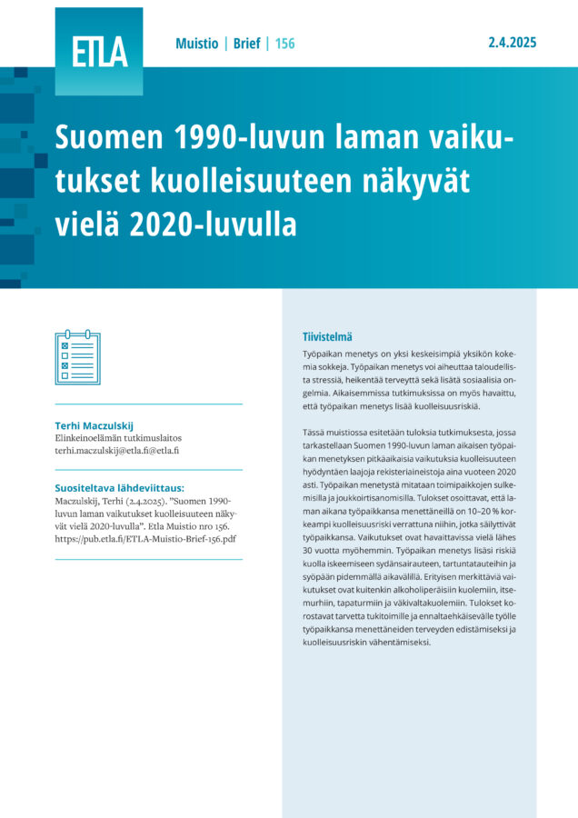 The Long-term Effects of Finland’s Recession of the 1990s on Mortality - ETLA-Muistio-Brief-156