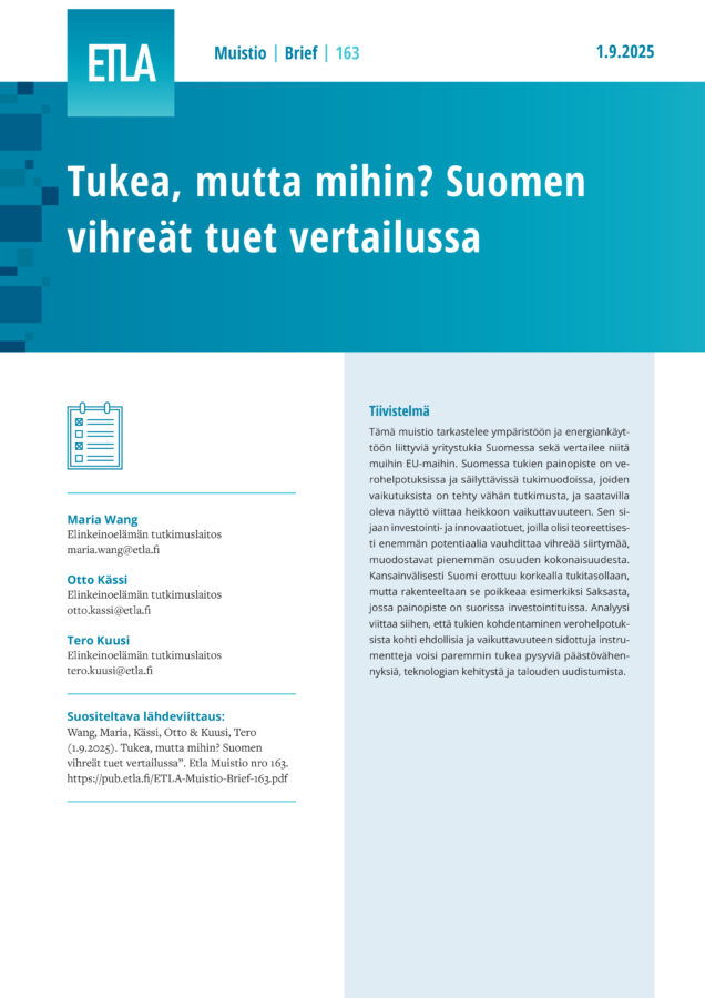 Tukea, mutta mihin? Suomen vihreät tuet vertailussa - ETLA-Muistio-Brief-163