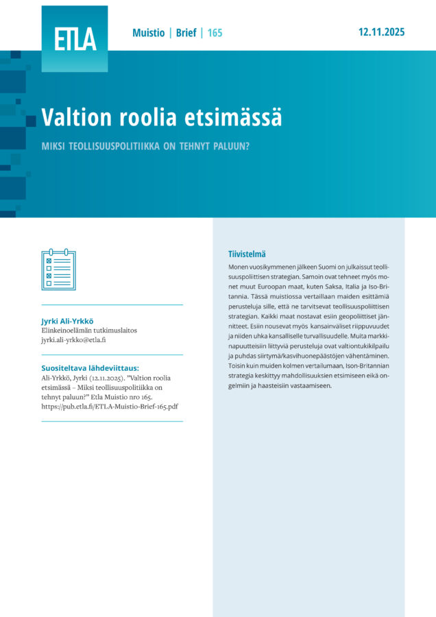 Searching for the Role of the State – Why Industrial Policy Has Made a Comeback? - ETLA-Muistio-Brief-165
