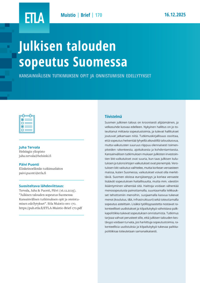 Fiscal Consolidation in Finland: Lessons from International Research and Preconditions for Success - ETLA-Muistio-Brief-170