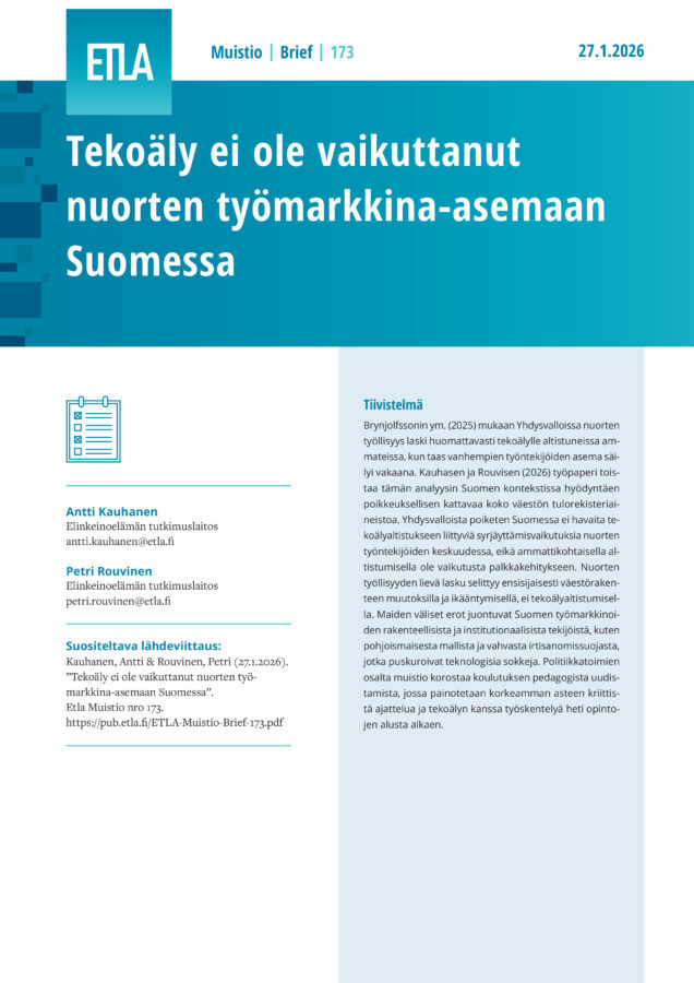 Artificial Intelligence Has Not Impacted Youth Labor Market Outcomes in Finland - ETLA-Muistio-Brief-173