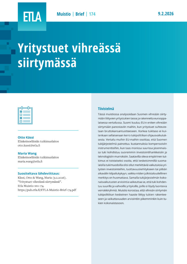 Yritystuet vihreässä siirtymässä - ETLA-Muistio-Brief-174