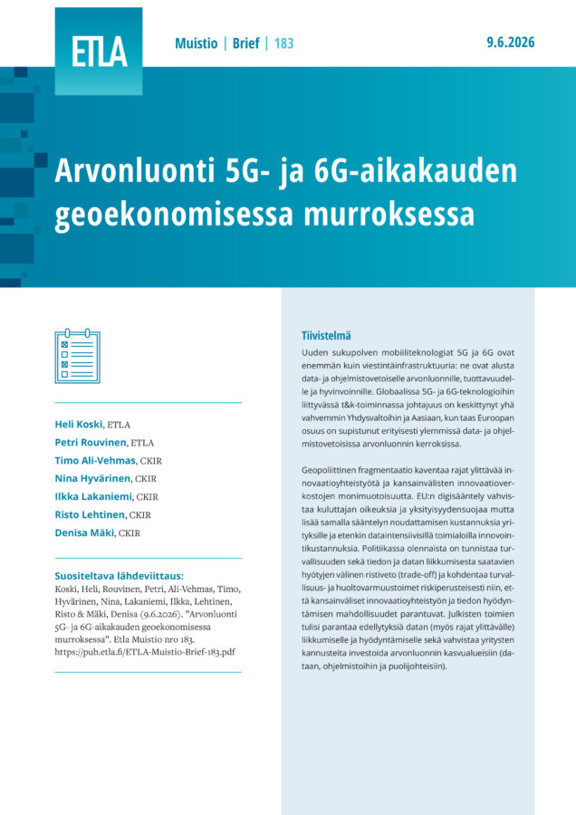 Arvonluonti 5G- ja 6G-aikakauden geoekonomisessa murroksessa - ETLA-Muistio-Brief-183