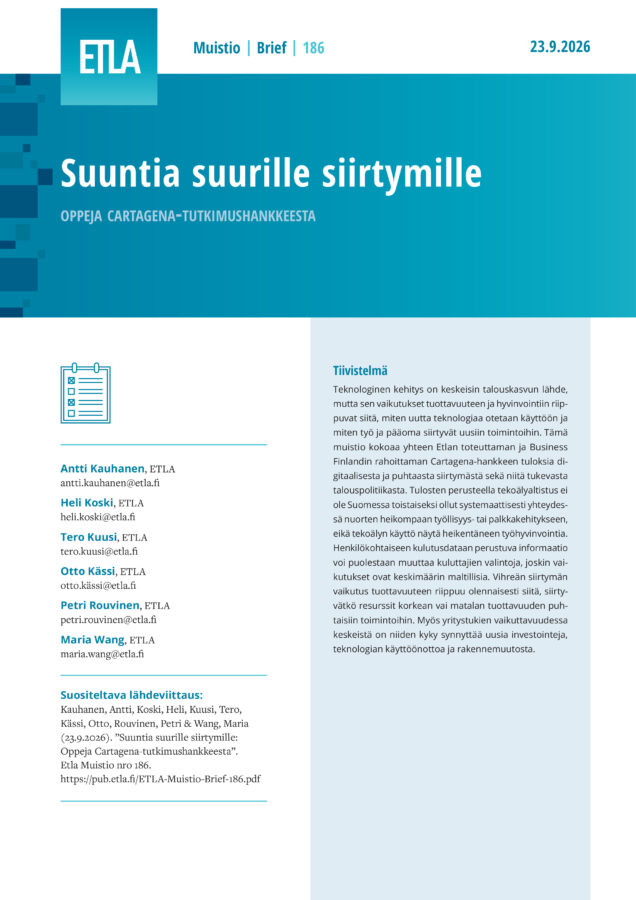 Suuntia suurille siirtymille: Oppeja Cartagena-tutkimushankkeesta - ETLA-Muistio-Brief-186