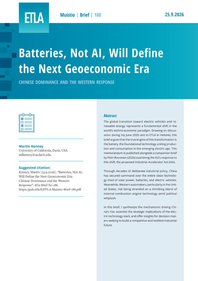 Batteries, Not AI, Will Define the Next Geoeconomic Era: Chinese Dominance and the Western Response - ETLA-Muistio-Brief-188