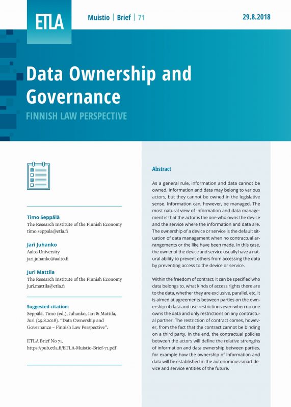 Data Ownership and Governance – Finnish Law Perspective - ETLA-Muistio-Brief-71