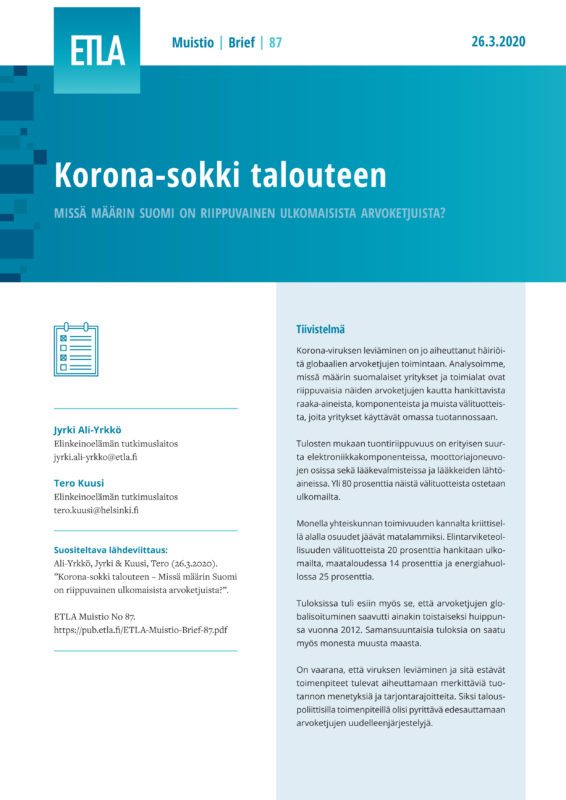 Korona-sokki talouteen – Missä määrin Suomi on riippuvainen ulkomaisista arvoketjuista? - ETLA-Muistio-Brief-87