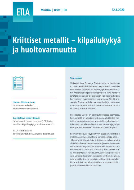 Kriittiset metallit – kilpailukykyä ja huoltovarmuutta - ETLA-Muistio-Brief-88