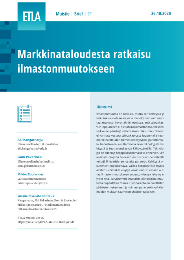 Markkinataloudesta ratkaisu ilmastonmuutokseen - ETLA-Muistio-Brief-91