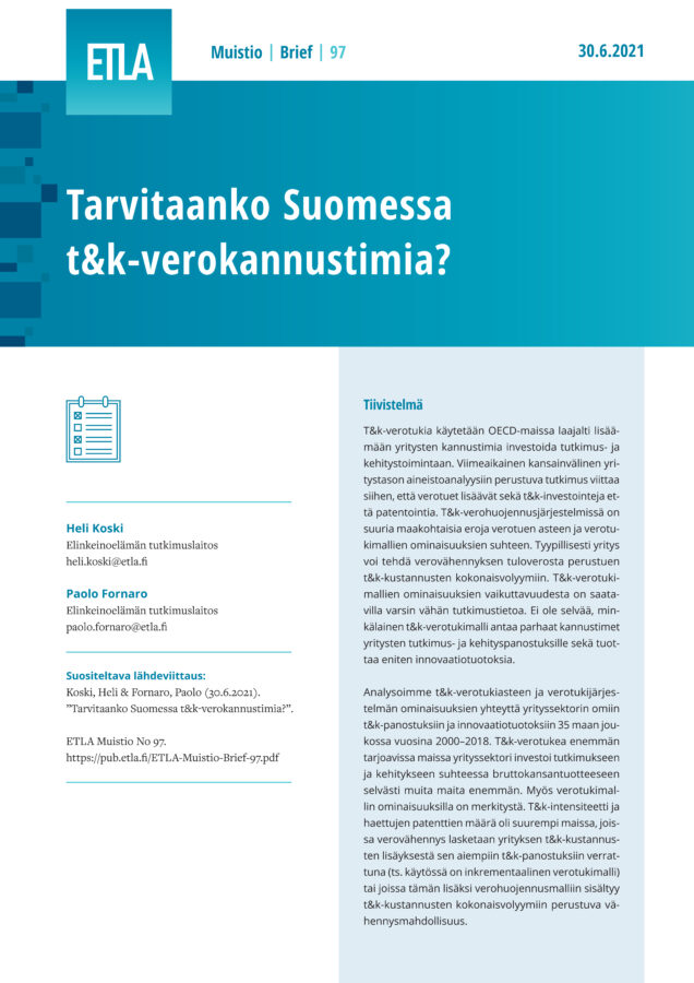 Tarvitaanko Suomessa t&k-verokannustimia? - ETLA-Muistio-Brief-97