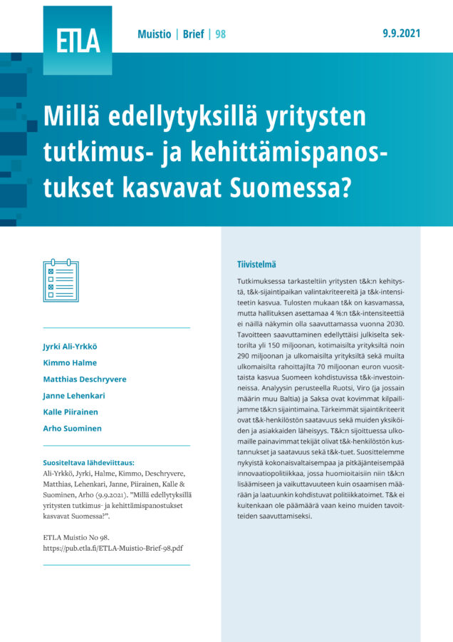 Millä edellytyksillä yritysten tutkimus- ja kehittämispanostukset kasvavat Suomessa? - ETLA-Muistio-Brief-98