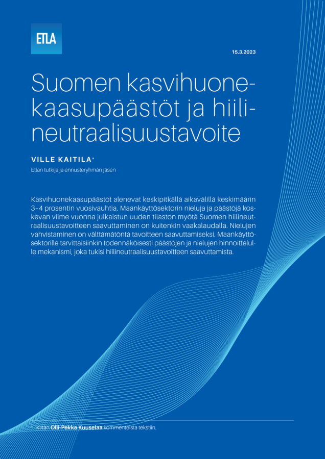 Suomen kasvihuonekaasupäästöt ja hiilineutraalisuustavoite - Etla-Paastoennuste-Kevat-2023