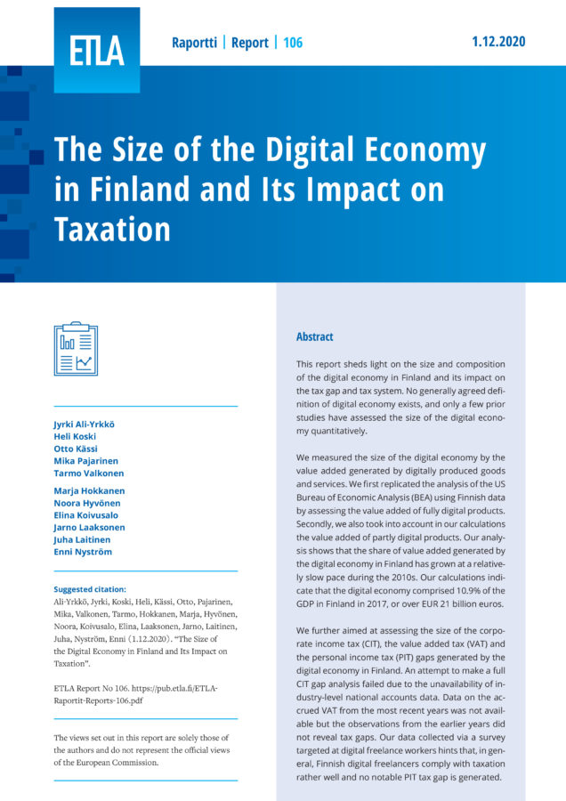 The Size of the Digital Economy in Finland and Its Impact on Taxation - ETLA-Raportit-Reports-106