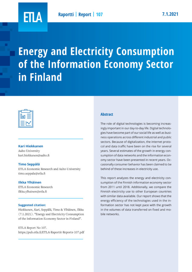 Energy and Electricity Consumption of the Information Economy Sector in Finland - ETLA-Raportit-Reports-107