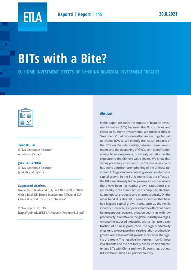 BITs with a Bite? EU Home Investment Effects of EU-China Bilateral Investment Treaties - ETLA-Raportit-Reports-115