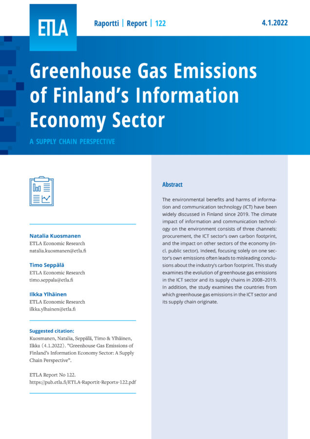 Greenhouse Gas Emissions of Finland’s Information Economy Sector: A Supply Chain Perspective - ETLA-Raportit-Reports-122