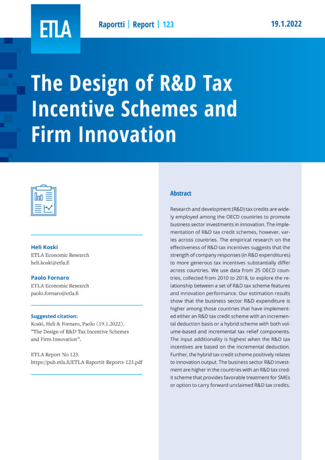 The Design of R&D Tax Incentive Schemes and Firm Innovation - ETLA-Raportit-Reports-123