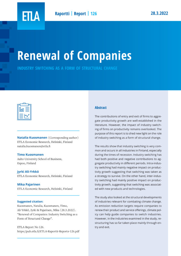 Renewal of Companies: Industry Switching as a Form of Structural Change - ETLA-Raportit-Reports-126